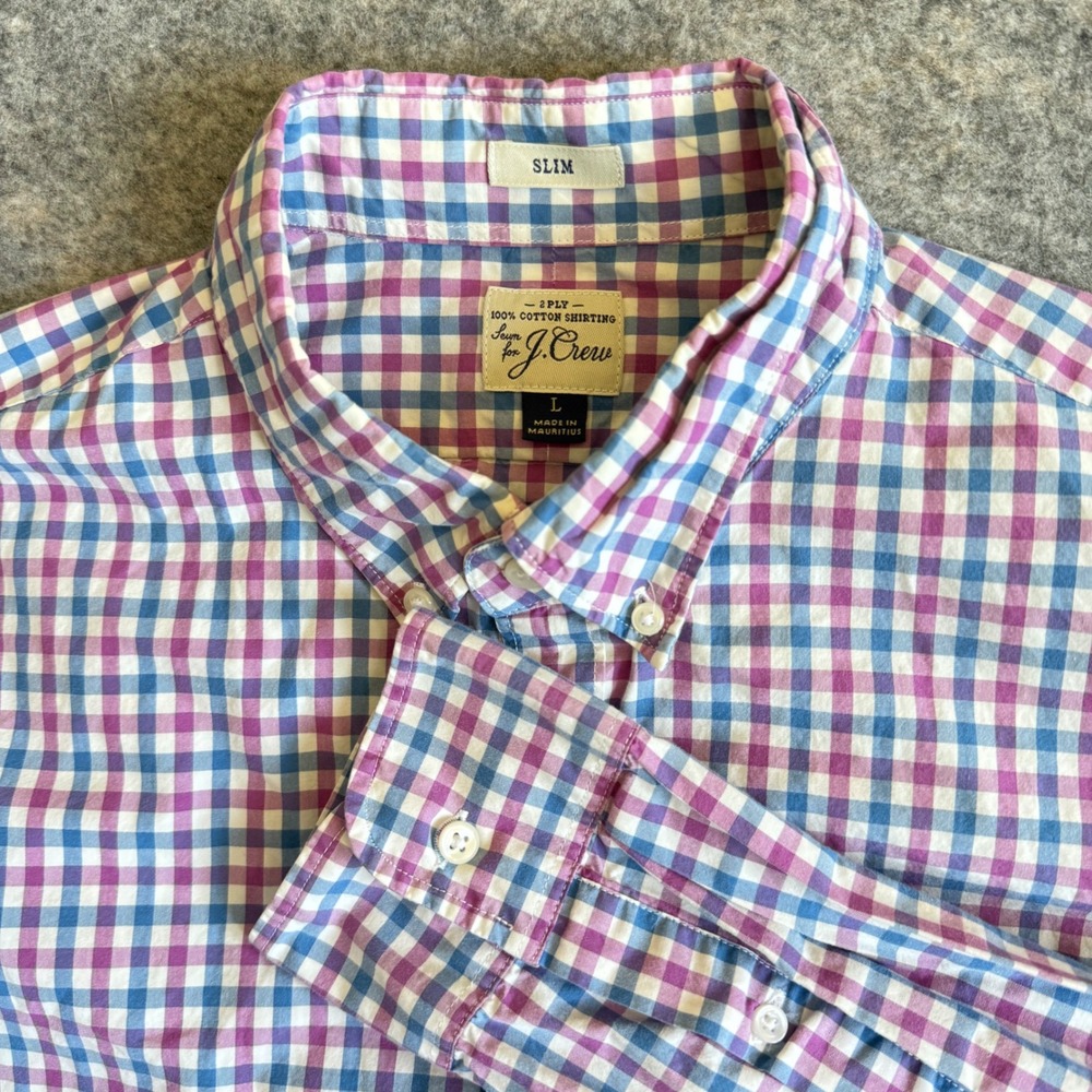 J.Crew Slim Fit Button Down Shirt Mens Large Pink Blue Gingham 2-Ply Cotton